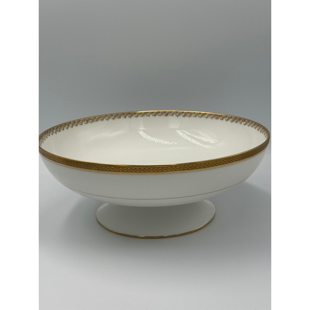 Haviland Limoges France Porcelain Pedestal Bowl Gold Laurel Leaf White Footed